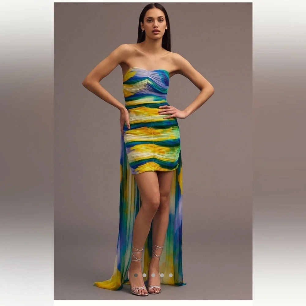 Anthropologie Vineet Bahl Strapless Watercolor-Print High-Low Dress Medium